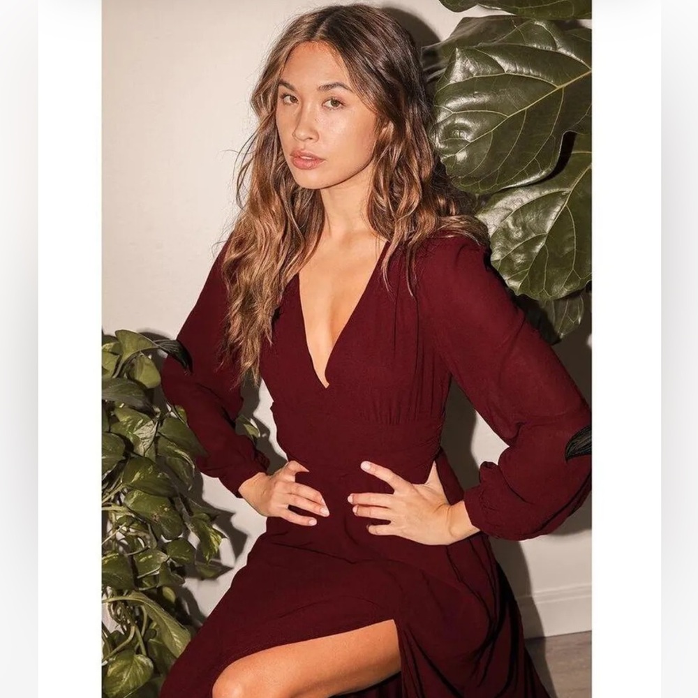 Lulus Love You So Burgundy Long Sleeve Maxi Dress Wedding Prom Holiday XS